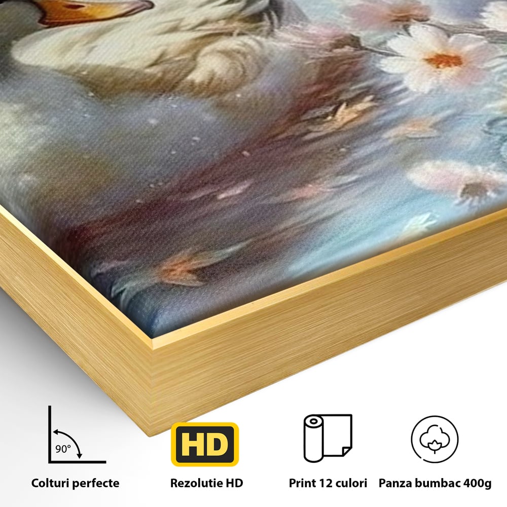 Detaliu al suprafetei: tablou canvas cu rate pe lac, in rama de aluminiu auriu